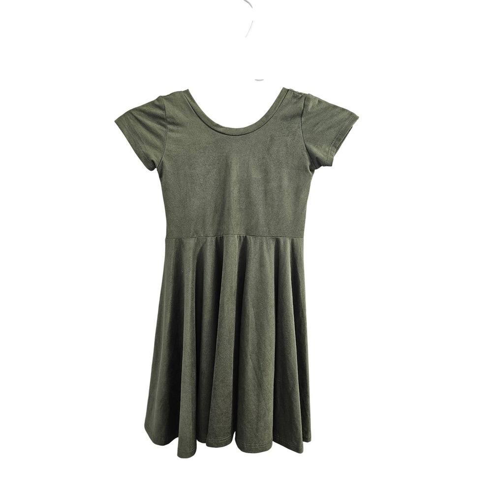 Wild Rich Kids Olive‎ Green Faux Suede Skater Dress Girls Size 5/6 Short Sleeve